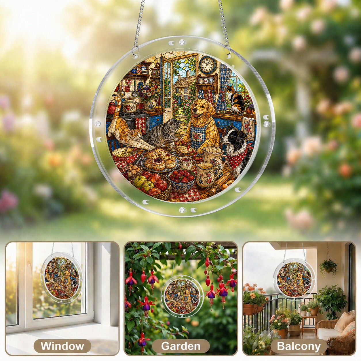 Cozy dog and cat acrylic puzzle suncatcher, colorful DIY window decor
