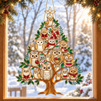 Cozy Owl Family Christmas Tree Holographic Acrylic Suncatcher