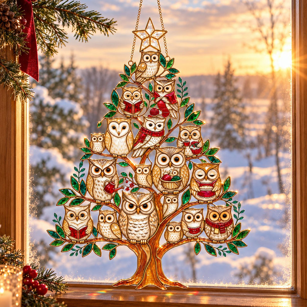 Cozy Owl Family Christmas Tree Holographic Acrylic Suncatcher