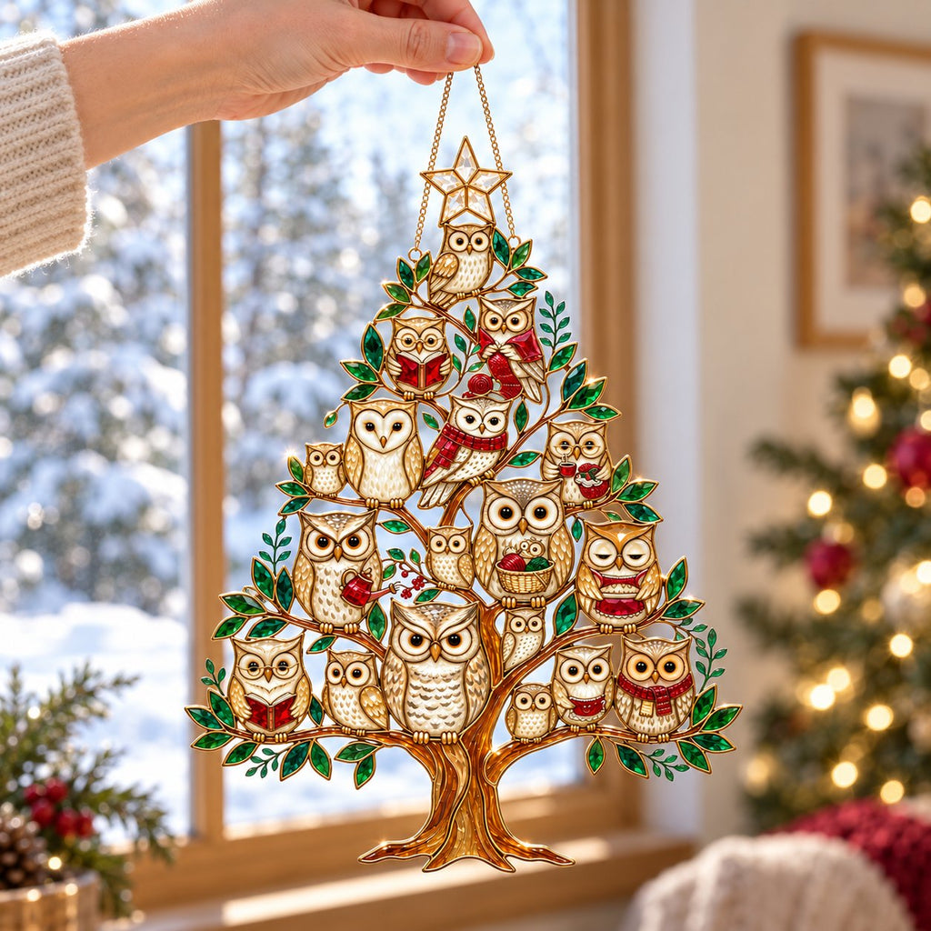 Cozy Owl Family Christmas Tree Holographic Acrylic Suncatcher