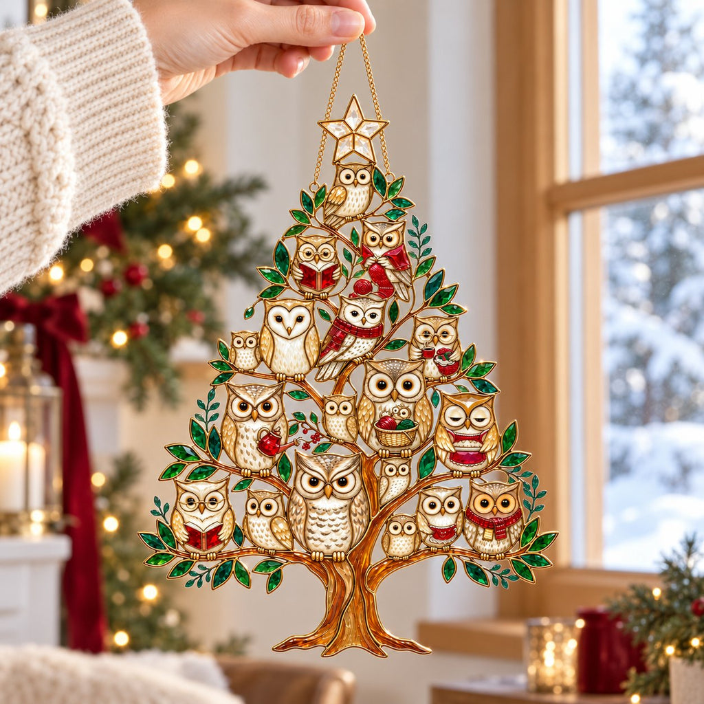 Cozy Owl Family Christmas Tree Holographic Acrylic Suncatcher