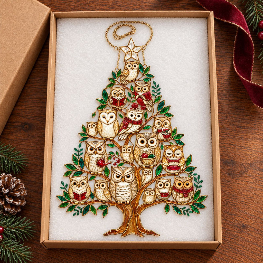 Cozy Owl Family Christmas Tree Holographic Acrylic Suncatcher