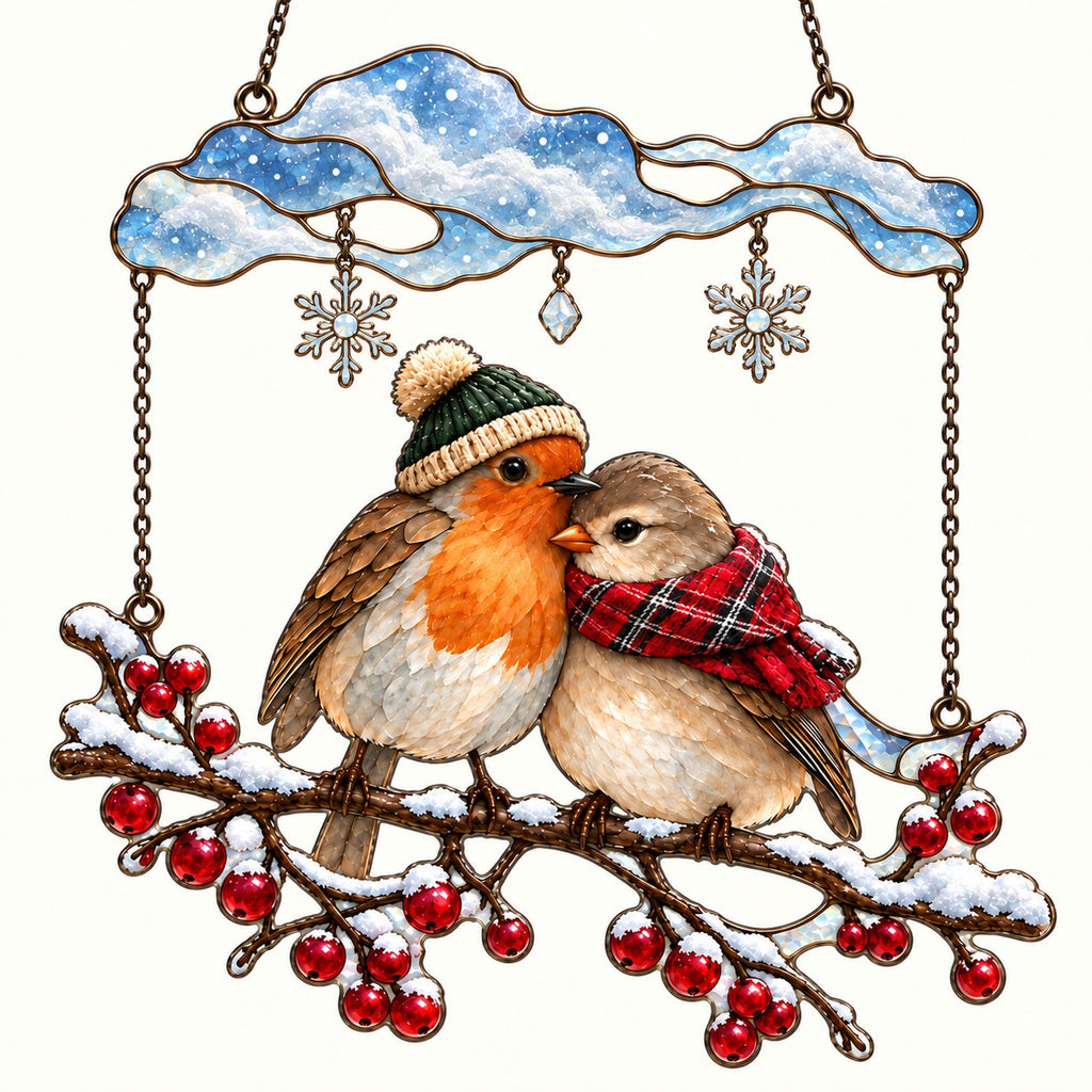 Cozy Robin Couple Under Snow Cloud Holographic Acrylic Suncatcher