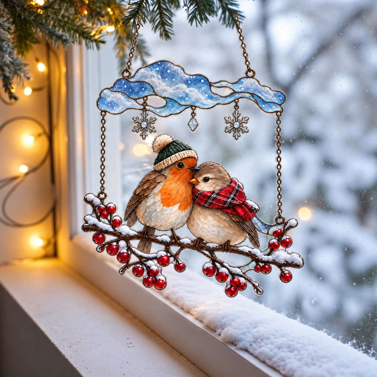 Cozy Robin Couple Under Snow Cloud Holographic Acrylic Suncatcher