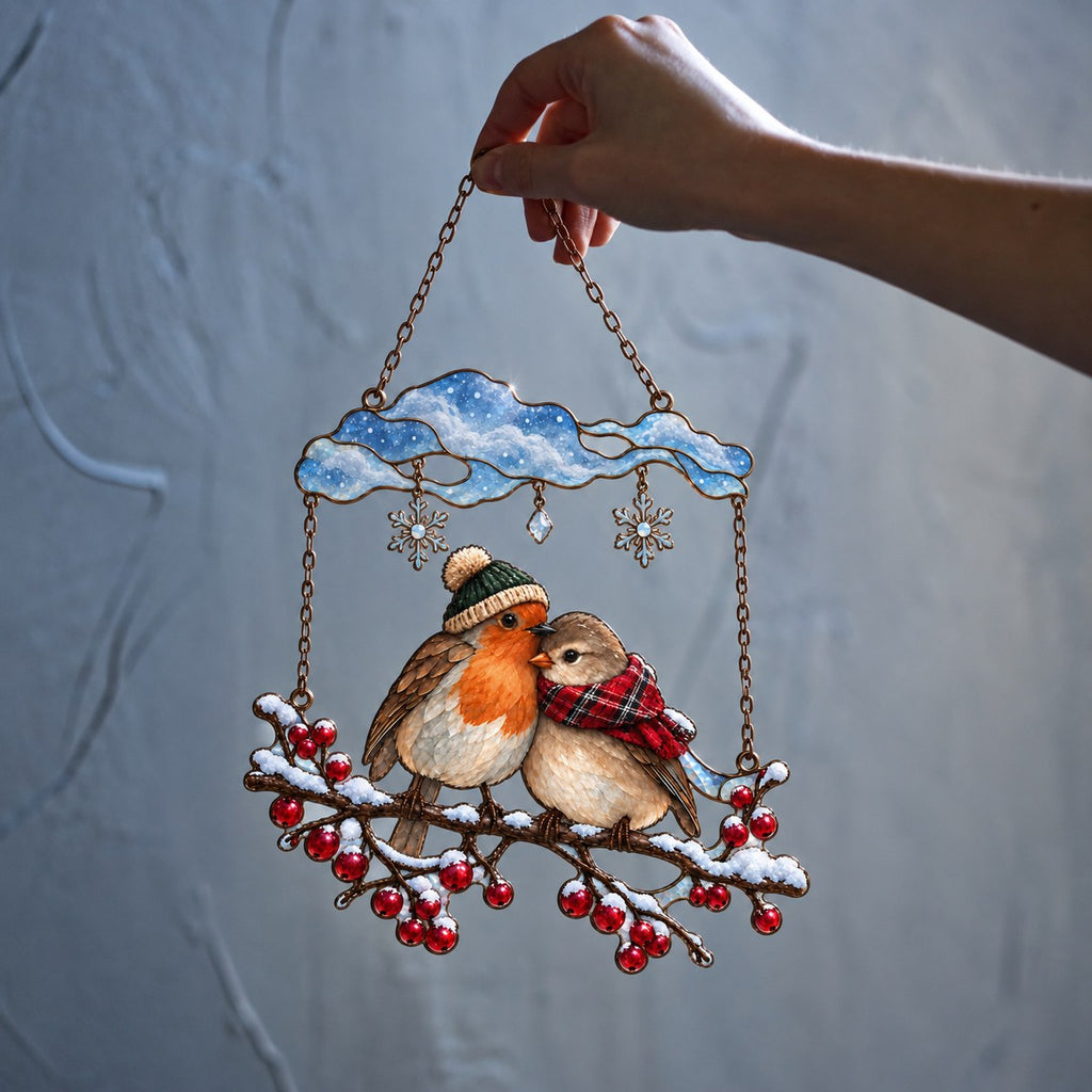 Cozy Robin Couple Under Snow Cloud Holographic Acrylic Suncatcher