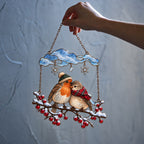 Cozy Robin Couple Under Snow Cloud Holographic Acrylic Suncatcher