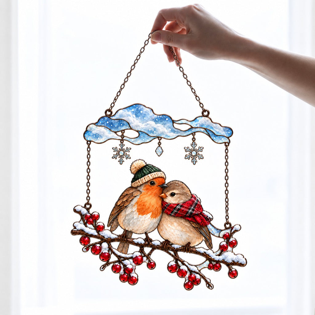 Cozy Robin Couple Under Snow Cloud Holographic Acrylic Suncatcher