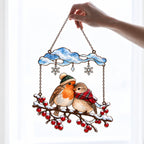 Cozy Robin Couple Under Snow Cloud Holographic Acrylic Suncatcher
