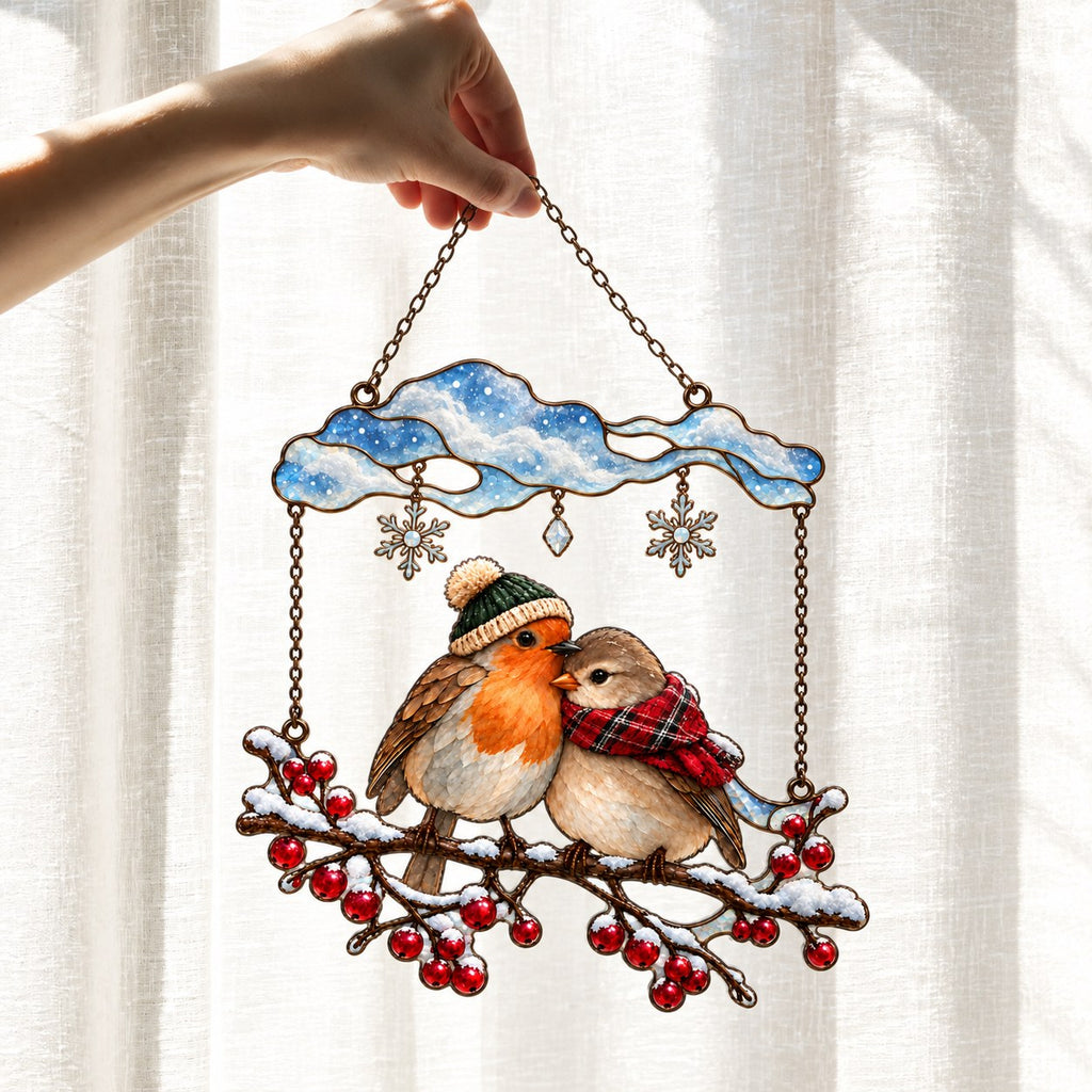 Cozy Robin Couple Under Snow Cloud Holographic Acrylic Suncatcher