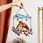 Cozy Robin Couple Under Snow Cloud Holographic Acrylic Suncatcher