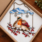 Cozy Robin Couple Under Snow Cloud Holographic Acrylic Suncatcher