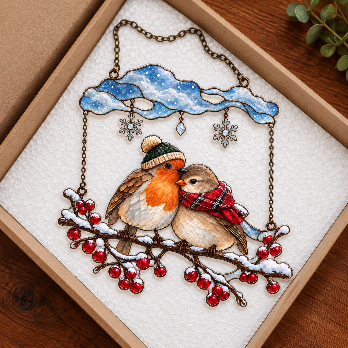 Cozy Robin Couple Under Snow Cloud Holographic Acrylic Suncatcher
