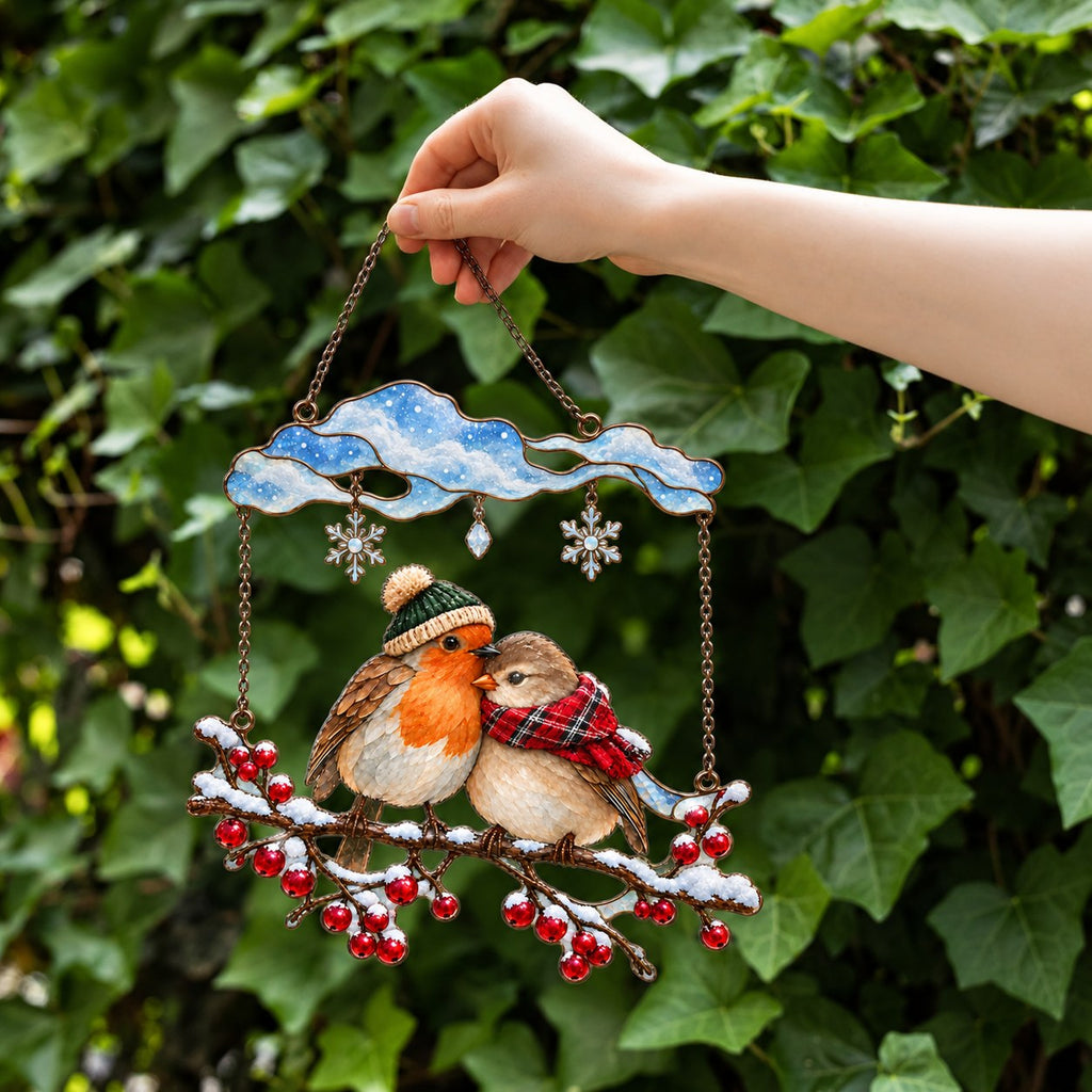 Cozy Robin Couple Under Snow Cloud Holographic Acrylic Suncatcher