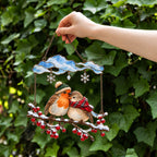 Cozy Robin Couple Under Snow Cloud Holographic Acrylic Suncatcher