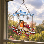 Cozy Robin Couple Under Snow Cloud Holographic Acrylic Suncatcher