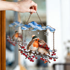 Cozy Robin Couple Under Snow Cloud Holographic Acrylic Suncatcher