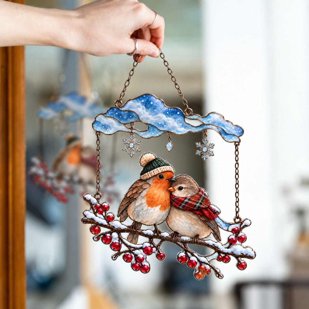 Cozy Robin Couple Under Snow Cloud Holographic Acrylic Suncatcher