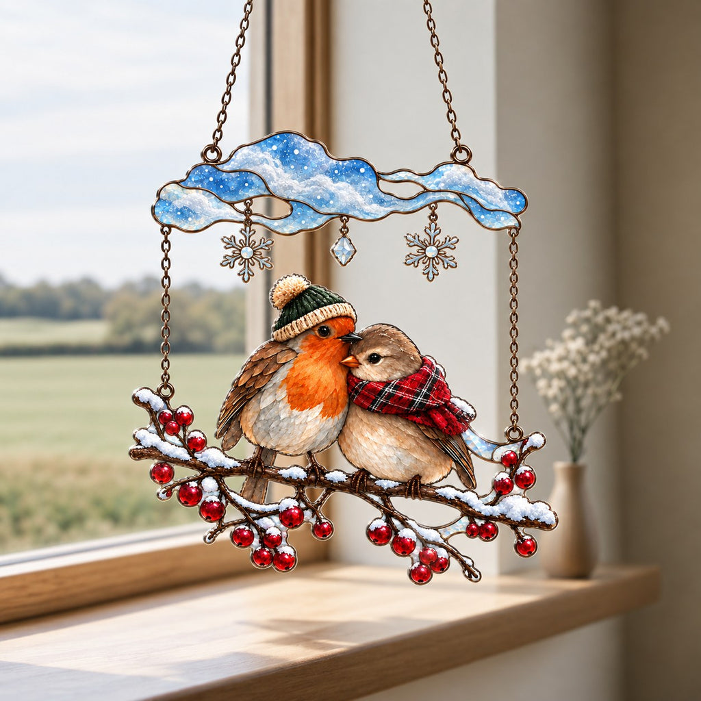 Cozy Robin Couple Under Snow Cloud Holographic Acrylic Suncatcher