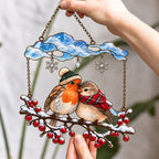 Cozy Robin Couple Under Snow Cloud Holographic Acrylic Suncatcher
