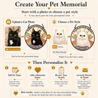 Pet memorial creation process with options to upload a photo or choose a pet style, followed by personalization steps.