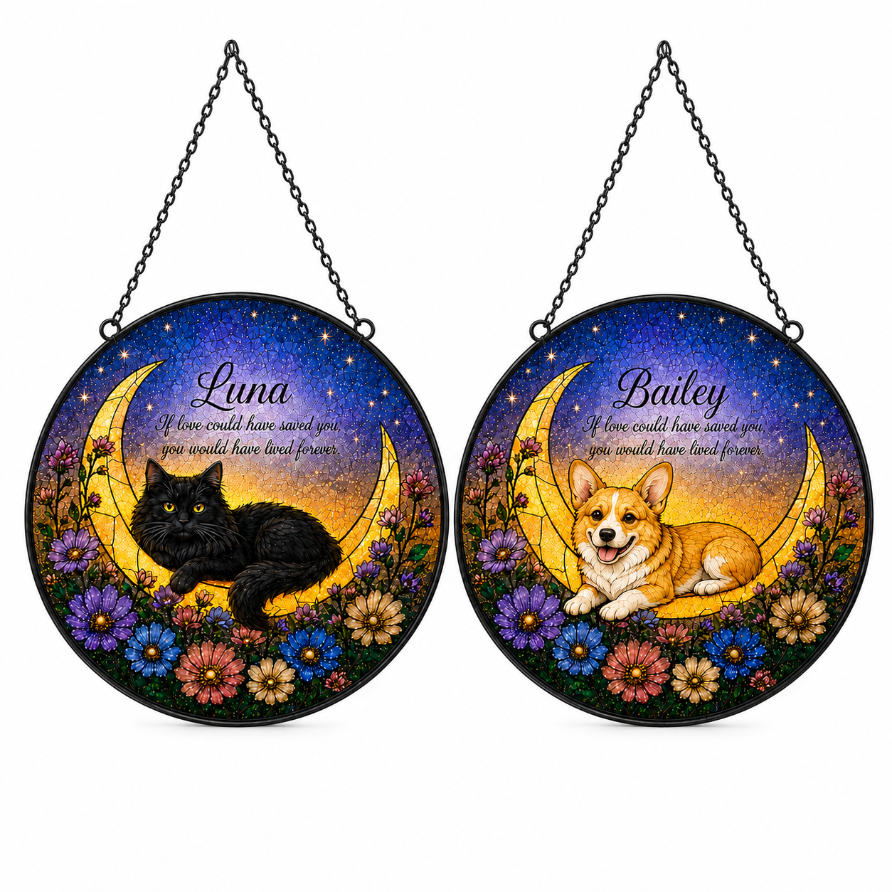Two circular hanging decorations featuring a black cat and a dog with personalized names and messages.