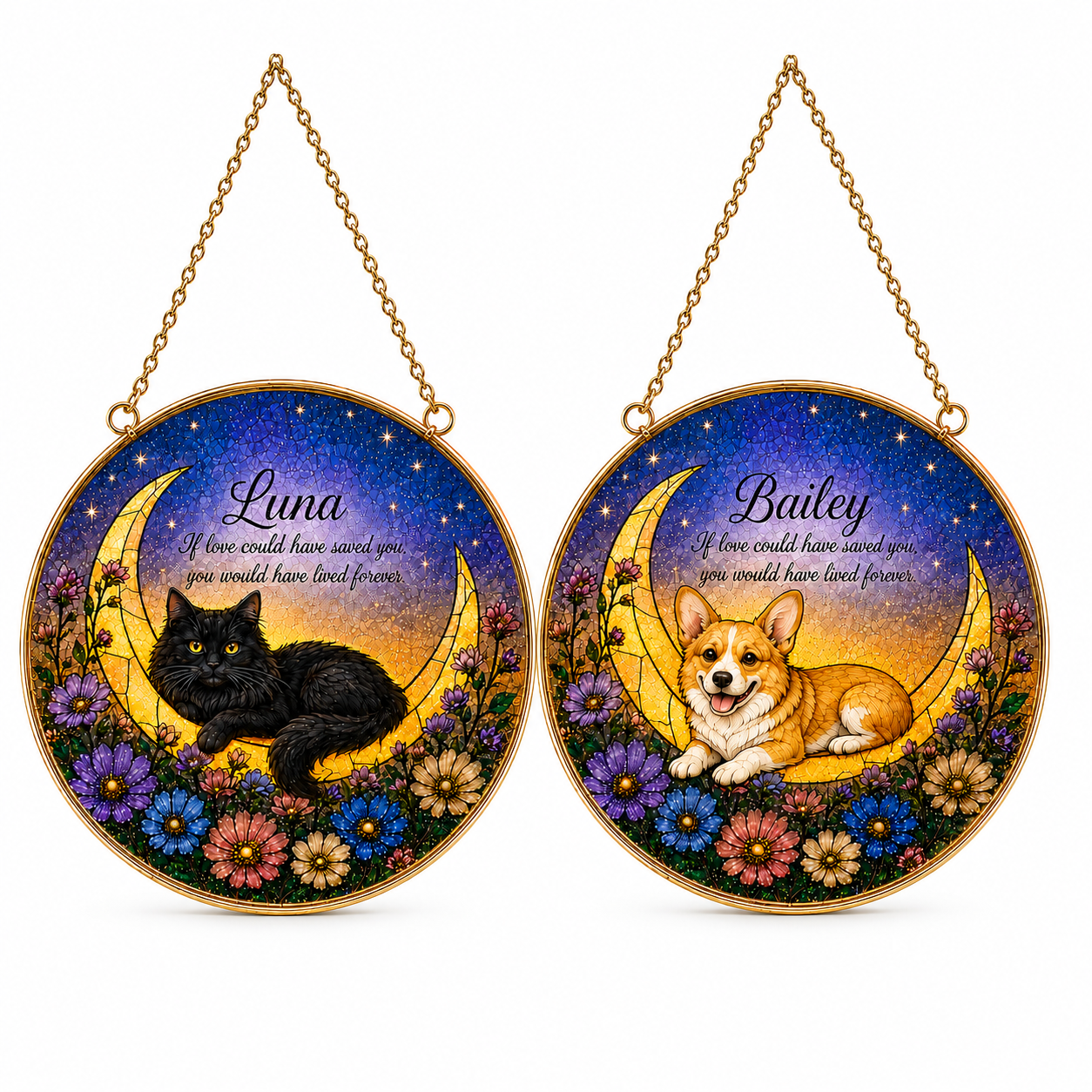 Two circular hanging decorations featuring a black cat named Luna and a dog named Bailey on moons with flowers.