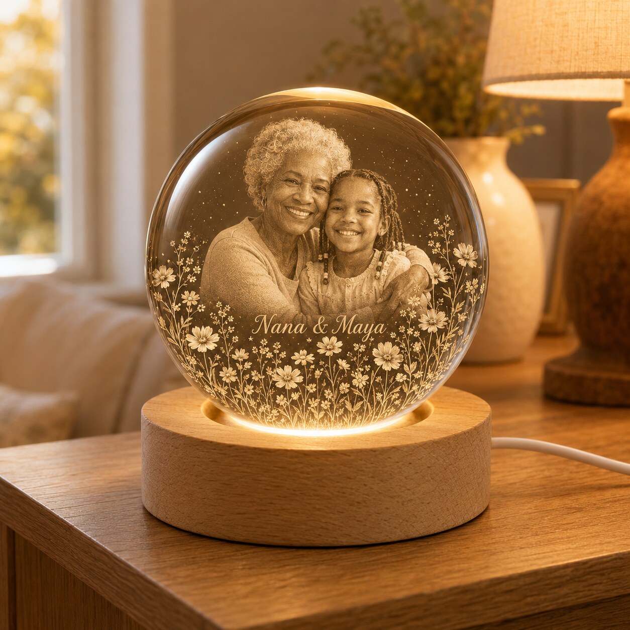 Custom Grandparent & Grandchild Photo Crystal Ball Night Light