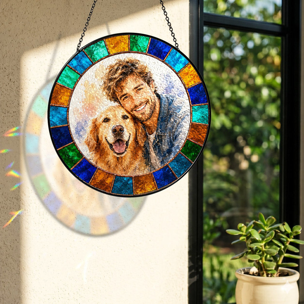 Custom pet and owner portrait suncatcher 06