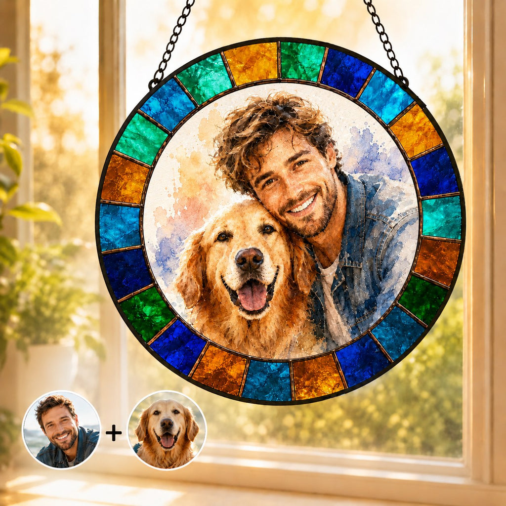 Custom pet and owner portrait suncatcher in window