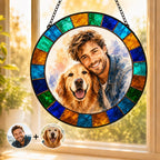 Custom pet and owner portrait suncatcher in window
