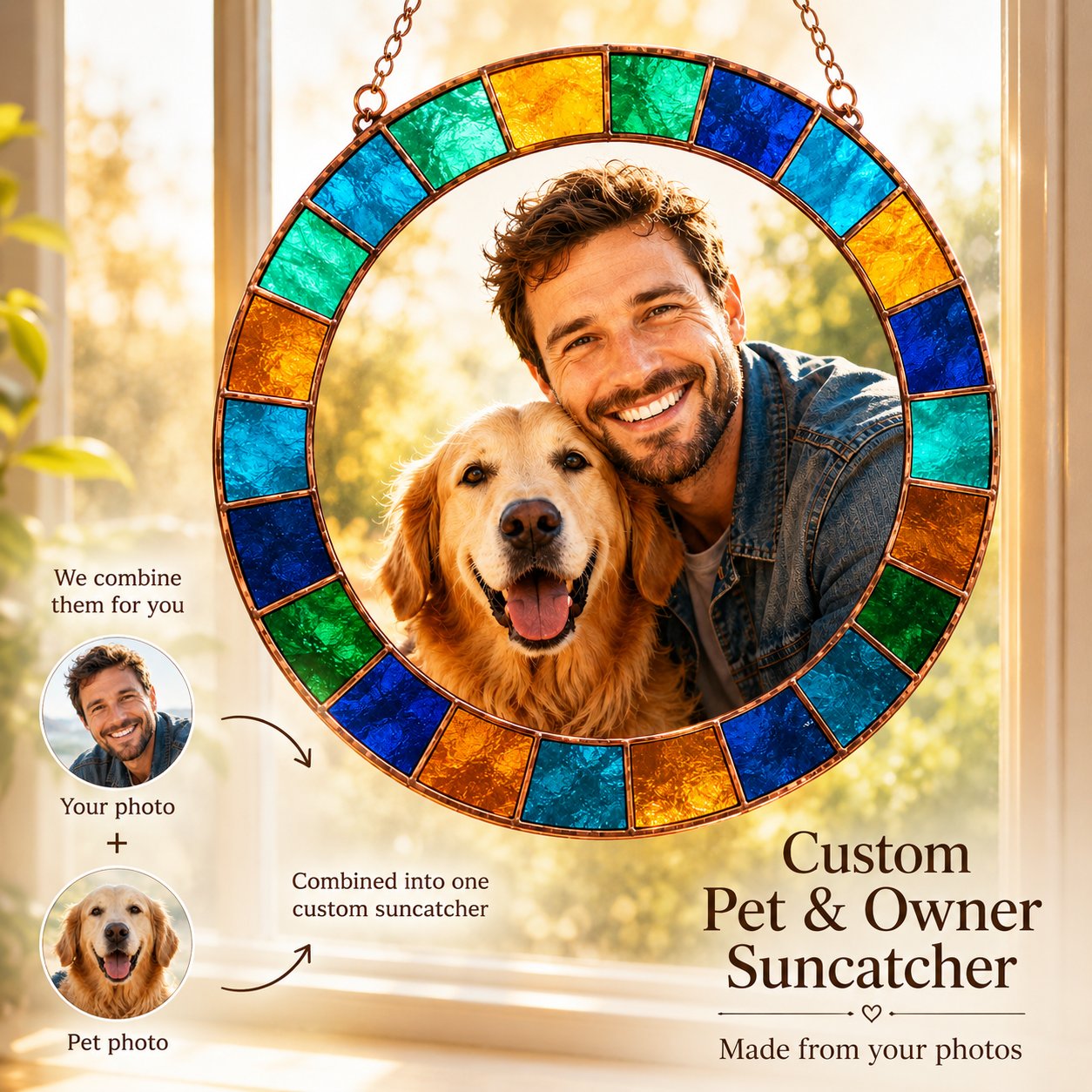 Custom pet and owner photo suncatcher for pet lovers