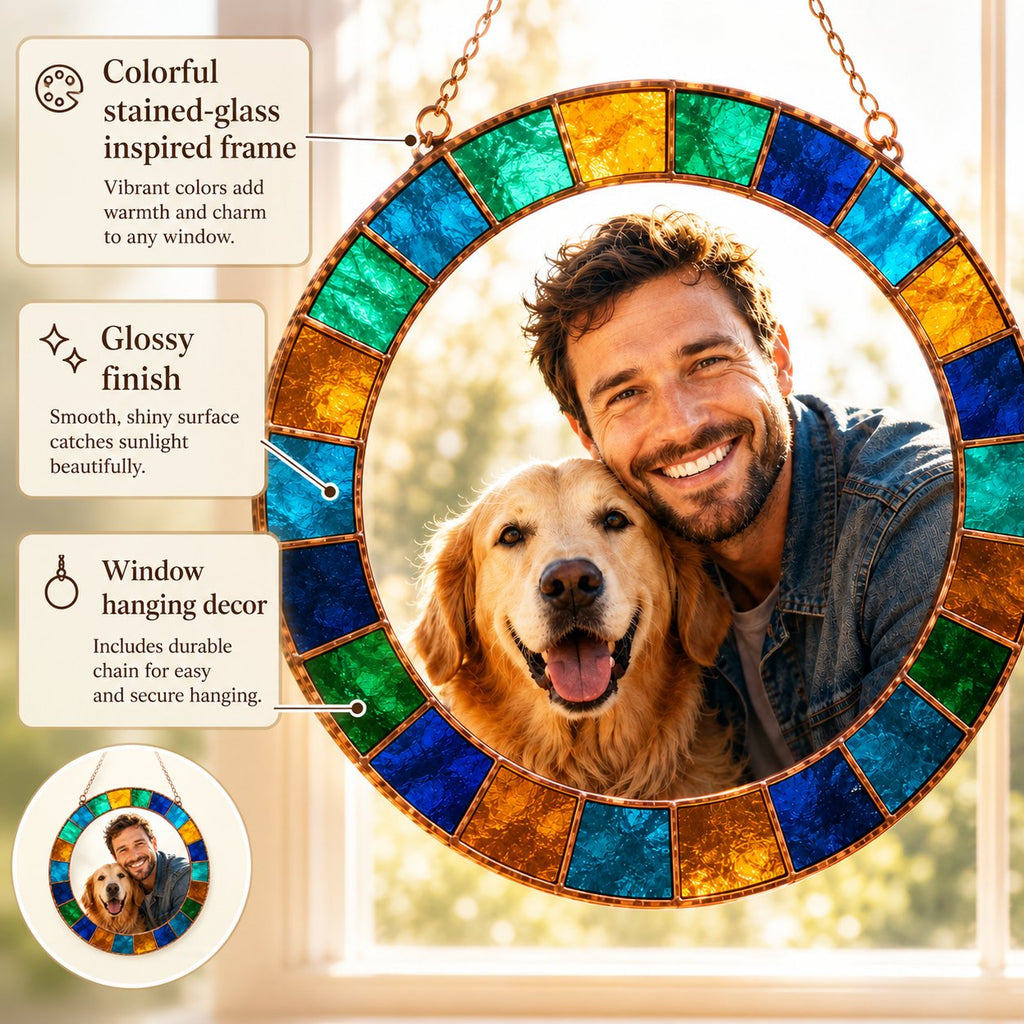 Custom pet and owner photo suncatcher in a window