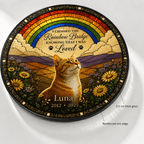 Custom cat memorial glass suncatcher with pet name and Rainbow Bridge artwork