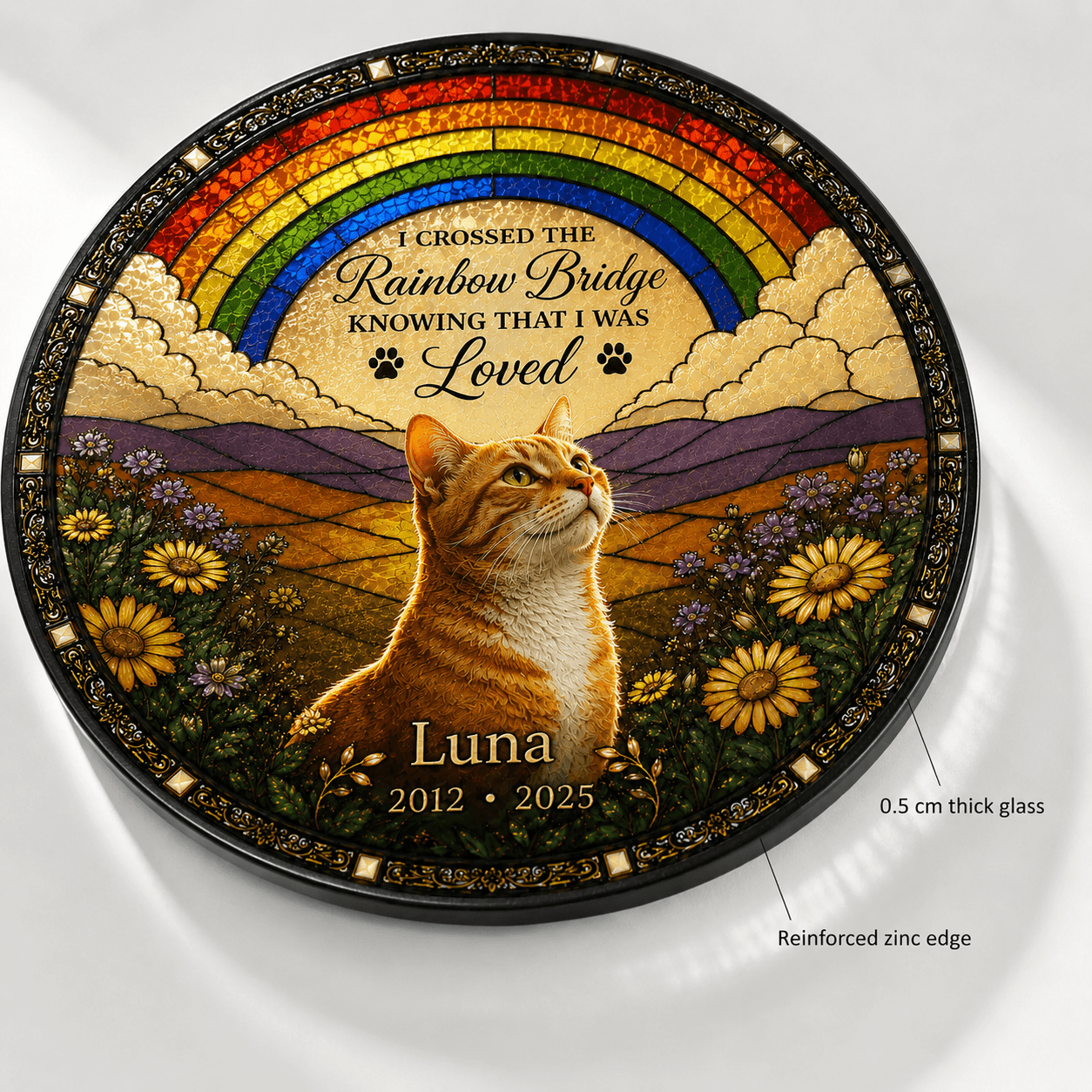 Custom cat memorial glass suncatcher with pet name and Rainbow Bridge artwork
