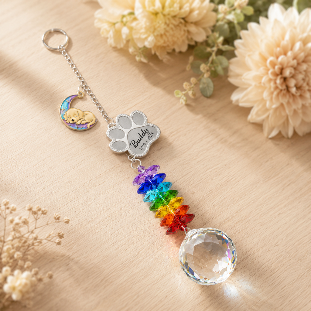 Personalized dog memorial moon crystal suncatcher displayed on a wooden tabletop with crescent moon dog charm, custom paw charm, rainbow crystals, and clear crystal ball