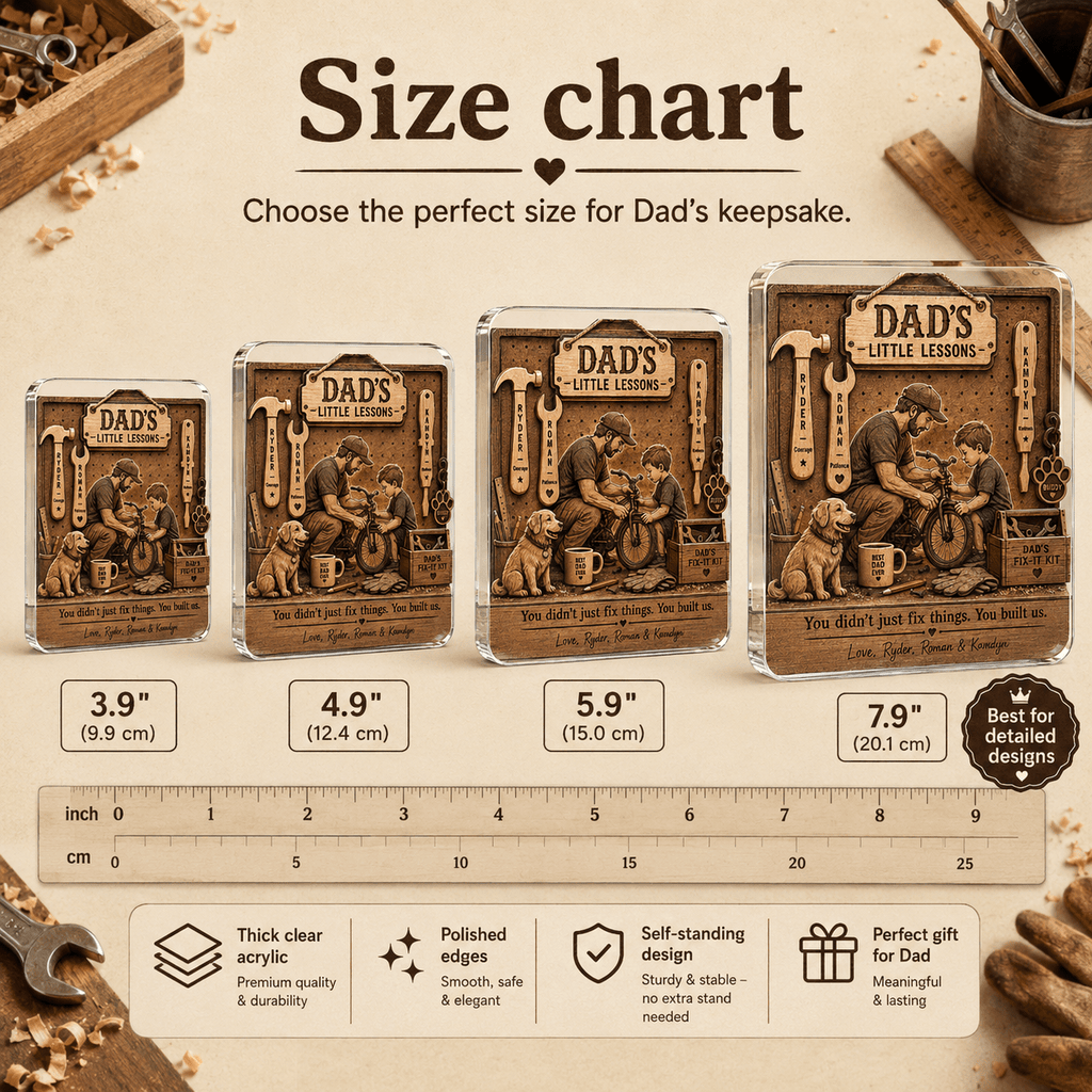 Dad's Little Lessons acrylic plaque size chart and product dimensions