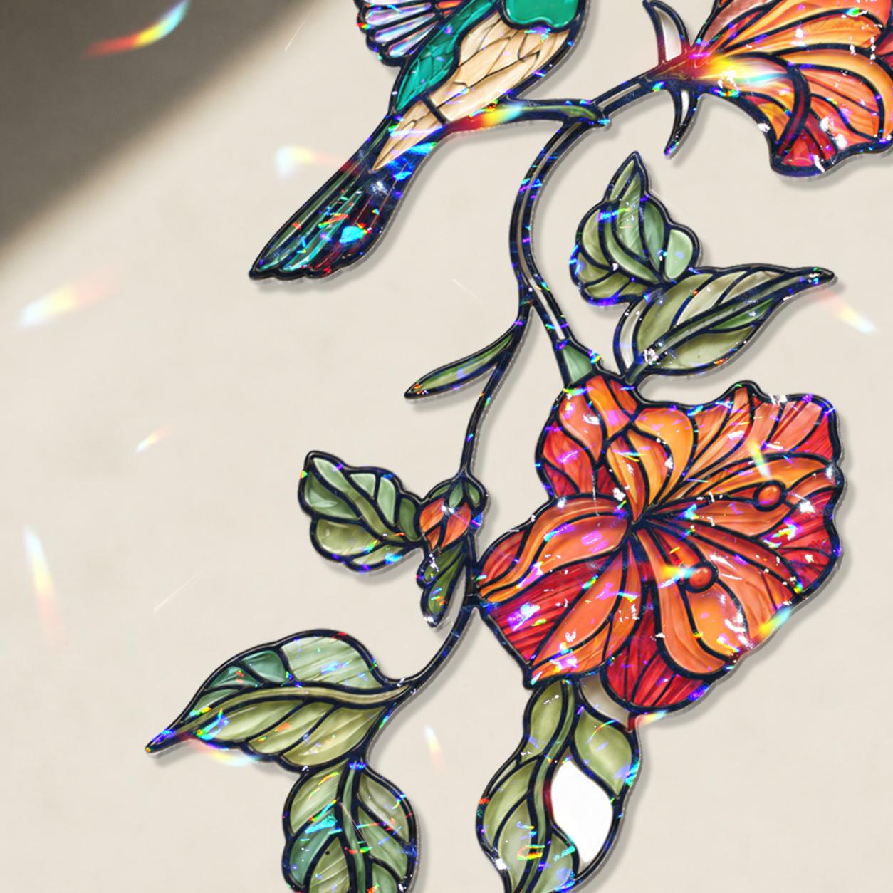 Colorful detailed hologram flower and hummingbird design on a light background