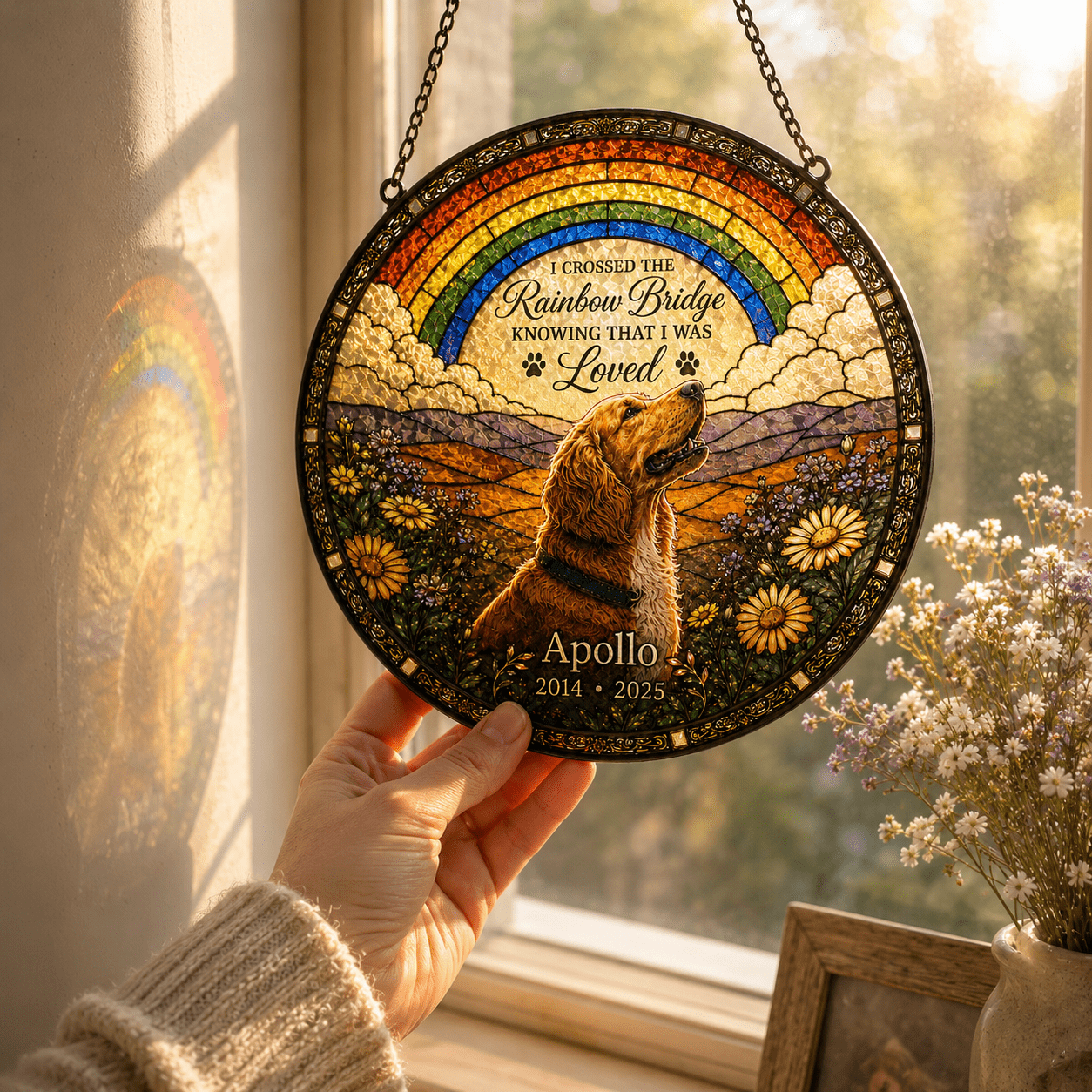 Hand holding a personalized dog memorial Rainbow Bridge glass suncatcher near a sunny window with soft light reflection