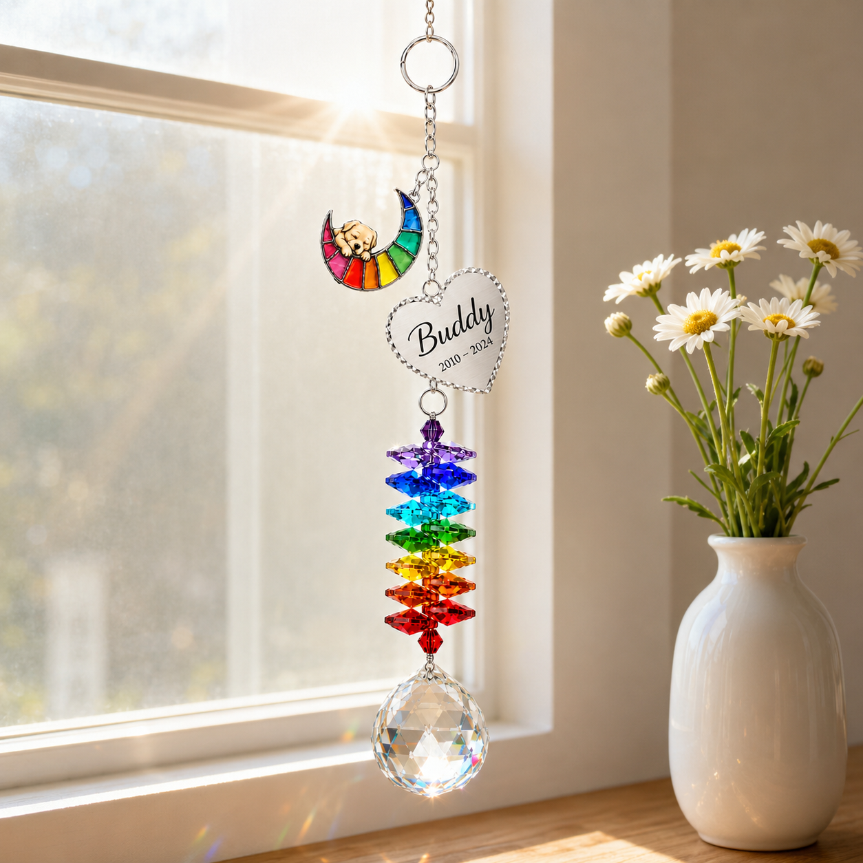 Personalized dog memorial Rainbow Bridge crystal suncatcher hanging by a sunny window beside a white vase of daisies