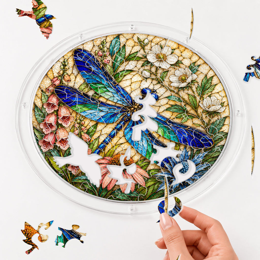 Dragonfly and wildflowers acrylic puzzle suncatcher, colorful DIY window decor
