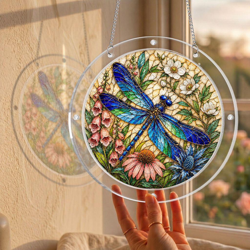 Dragonfly and wildflowers acrylic puzzle suncatcher, colorful DIY window decor