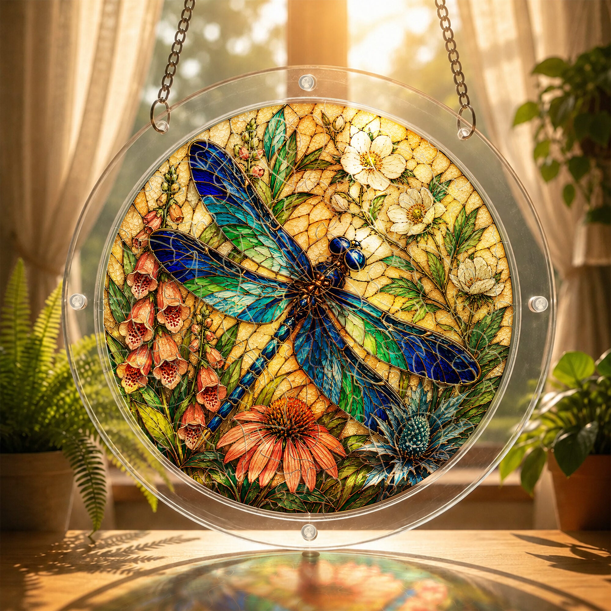 Dragonfly and wildflowers acrylic puzzle suncatcher, colorful DIY window decor