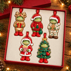 Dressed for Christmas frog ceramic ornaments: five frogs in Christmas costumes in a red gift box — red sweater, Santa with popcorn, gingerbread pajamas, reindeer with a gift and Christmas tree
