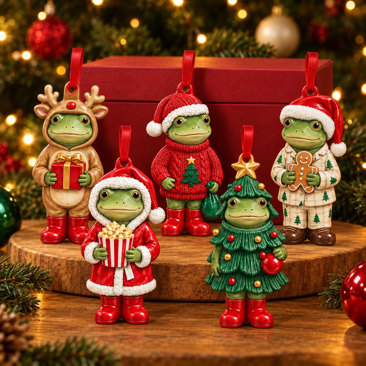 Five Dressed for Christmas frog ornaments standing on a wooden board in front of a red gift box and a lit Christmas tree
