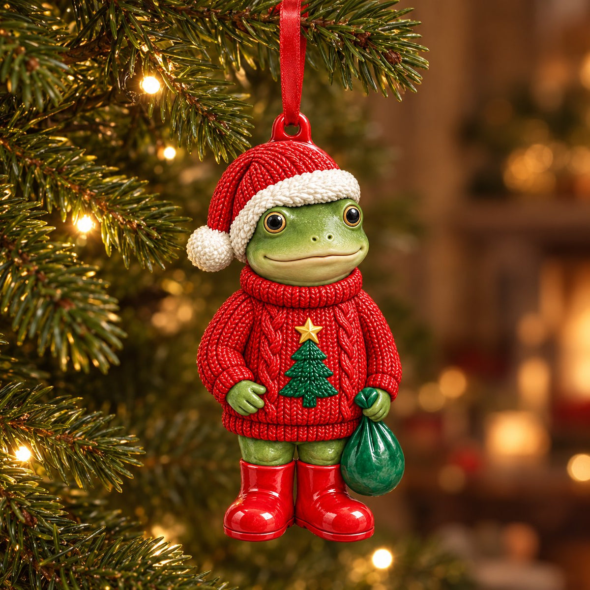Red Sweater frog ceramic Christmas ornament: frog in a red knit sweater with a little tree on it, Santa hat and green gift bag, hanging on a Christmas tree