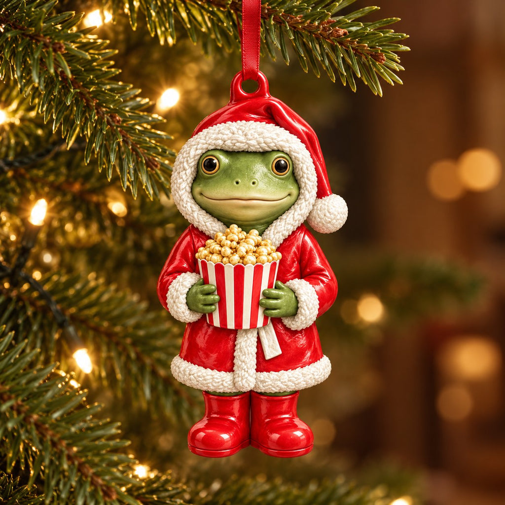 Santa Popcorn frog ceramic ornament: frog in a red Santa robe holding a striped popcorn tub, hanging on a Christmas tree
