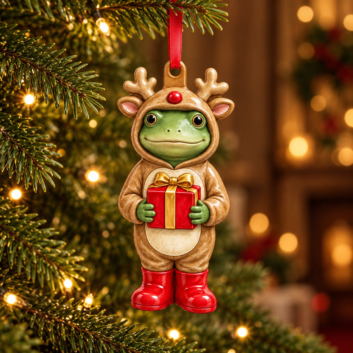 Reindeer Gift frog ceramic ornament: frog in a reindeer costume holding a red present with a gold bow, hanging on a Christmas tree