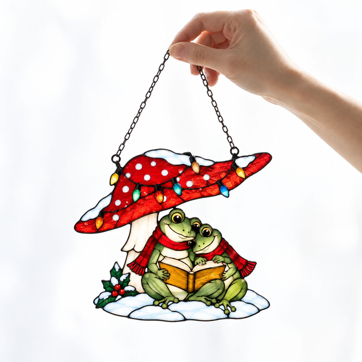 Frog Couple Reading under a Christmas Mushroom Holographic Acrylic Suncatcher