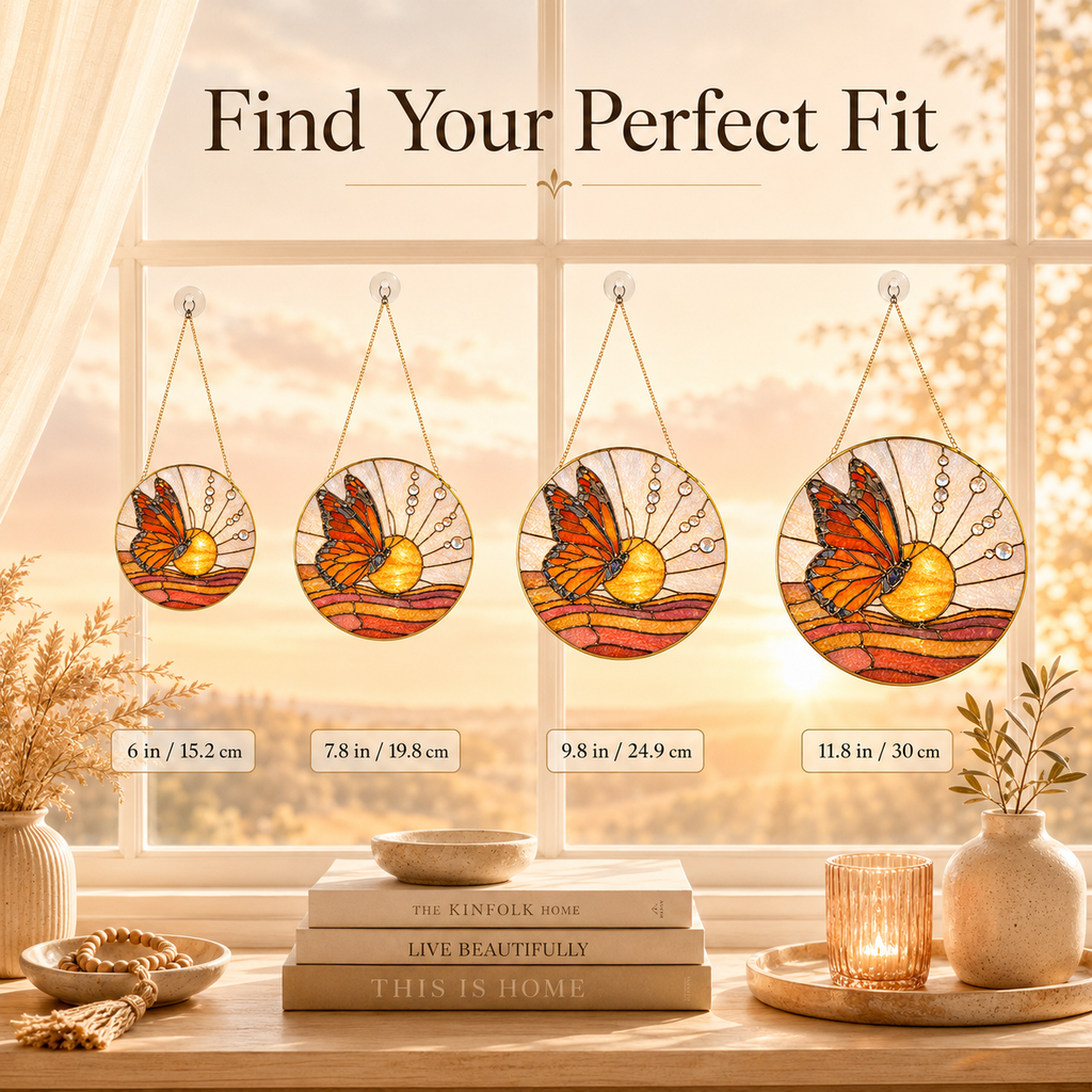 Butterfly-themed decorative items on a window sill with text 'Find Your Perfect Fit'.
