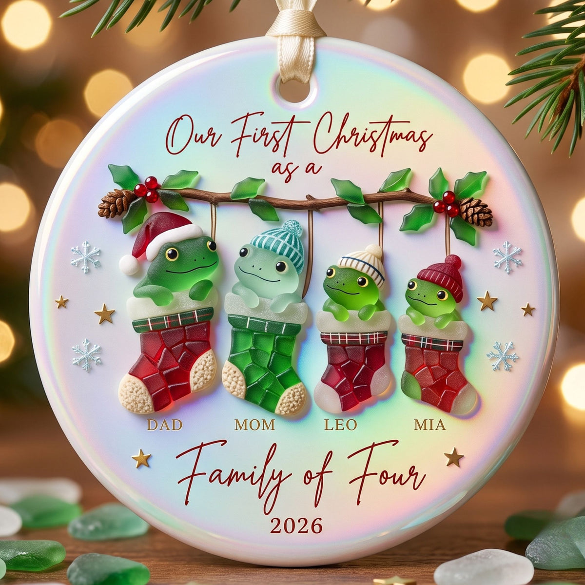 Personalized Our First Christmas as a Family of Four Frog Stockings Ceramic Ornament — One More Stocking